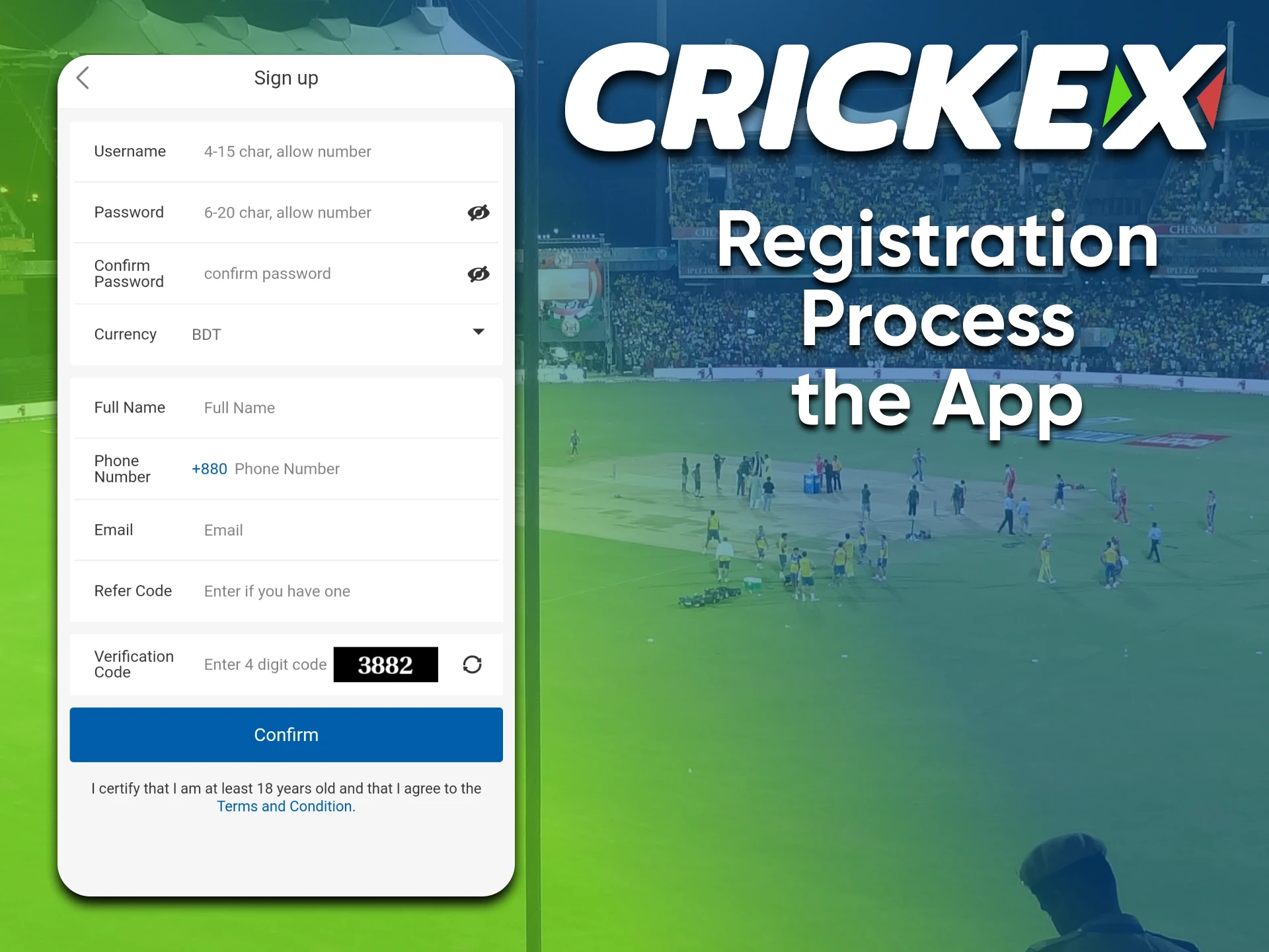 To use the Crickex service on your phone, you need to register in the application.