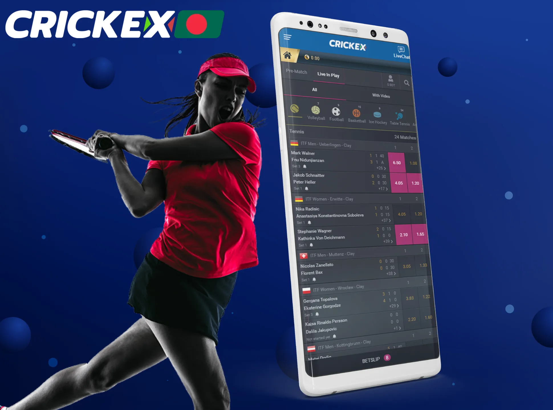 Make bets on tennis matches in the Crickex app.